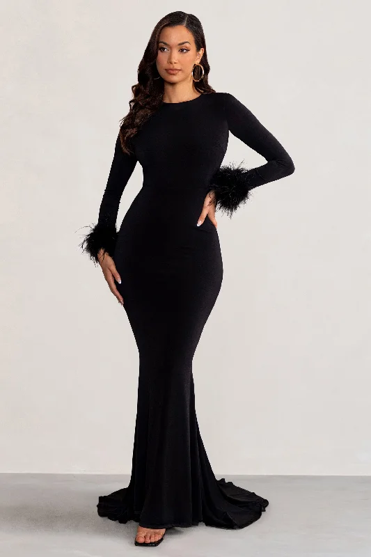 Maxi dresses with a modern asymmetrical design for evening wear -Betty | Black High Neck Long Sleeve Maxi Dress with Feather Cuffs