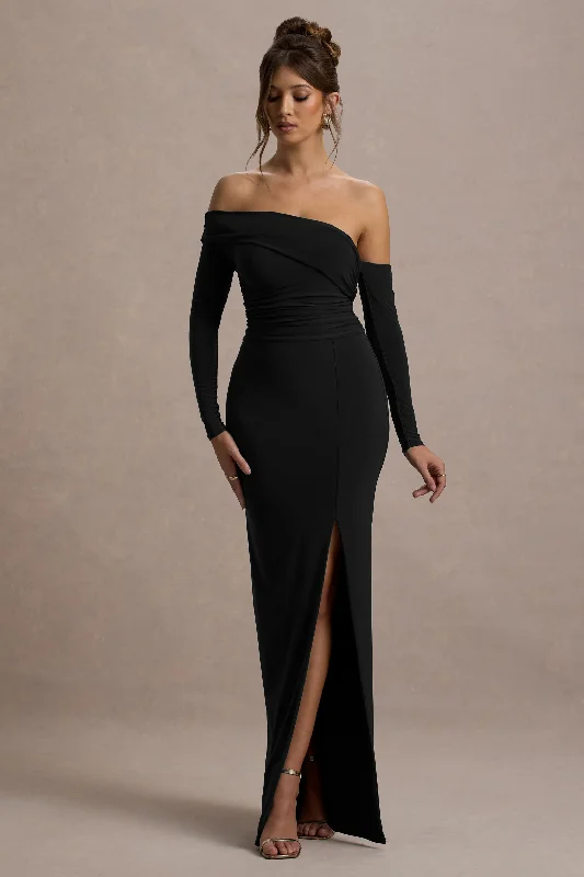 Maxi dresses for a romantic evening out at an upscale restaurant -Stand Out | Black Bardot Long Sleeve Ruched Maxi With Side Split