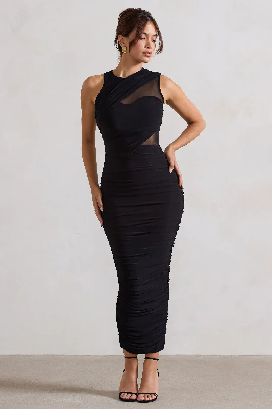 Maxi dresses for holiday dinners and celebrations -Born With It | Black Sleeveless High-Neck Draped Maxi Dress With Mesh Inserts