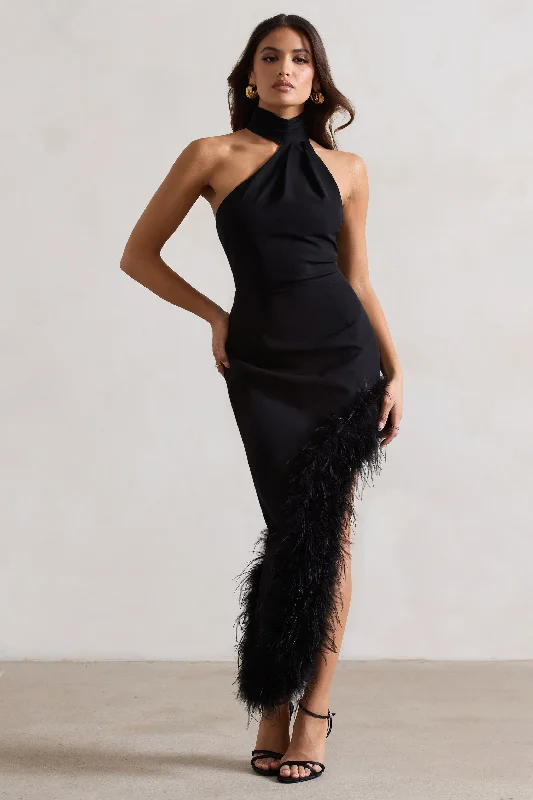 Maxi dresses for luxury resort vacations -Brilliance | Black Asymmetric Maxi Dress With Feather Trim