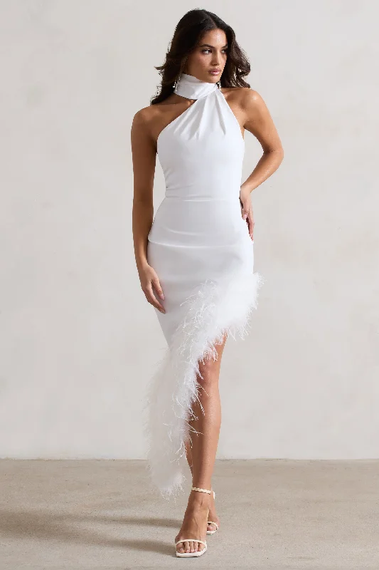 Maxi dresses with asymmetrical designs for modern flair -Brilliance | White Asymmetric Maxi Dress With Feather Trim