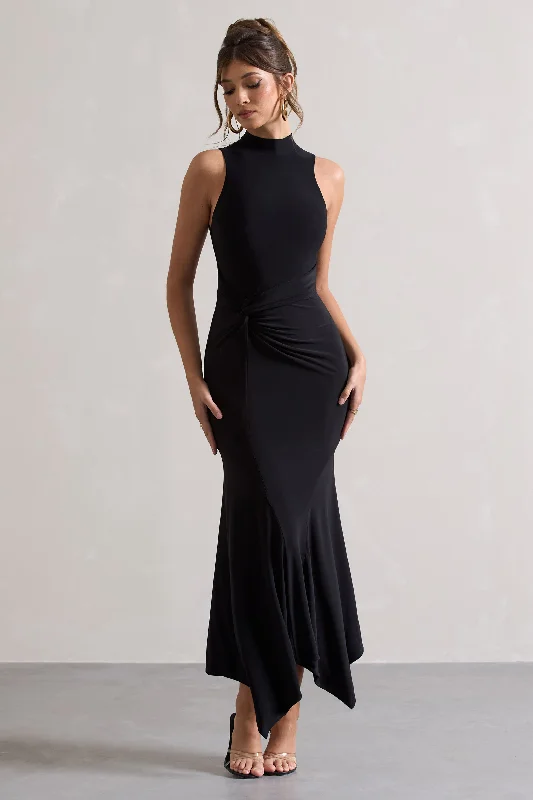 Maxi dresses for a chic garden party in the evening -Brionna | Black High-Neck Twist Maxi Dress