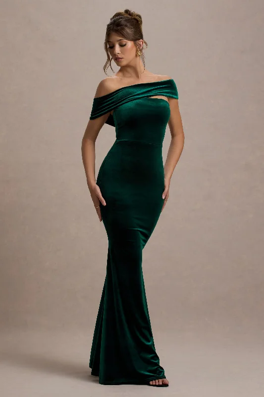 Maxi dresses with a fitted bodice for a classic look -Candela | Bottle Green Velvet Asymmetric Bardot Maxi Dress