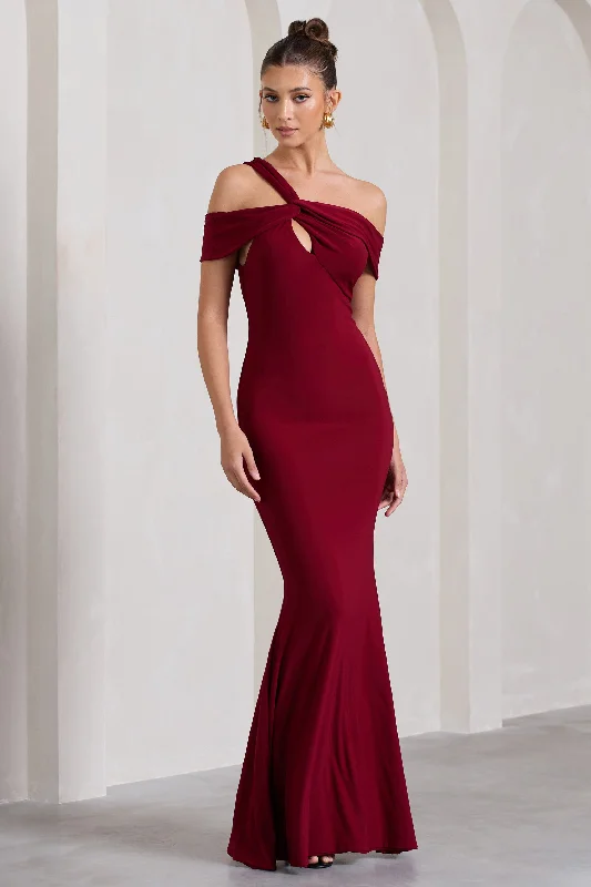 Maxi dresses for a luxury outdoor wedding celebration -Captivating | Berry Red Strappy Asymmetric Cut-Out Maxi Dress