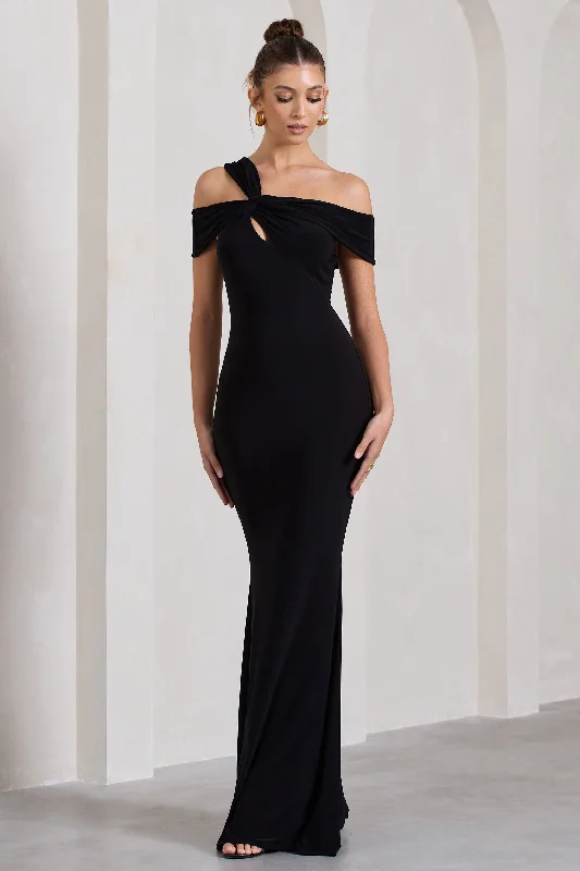 Maxi dresses for a formal dinner celebration in an exclusive venue -Captivating | Black Strappy Asymmetric Cut-Out Maxi Dress