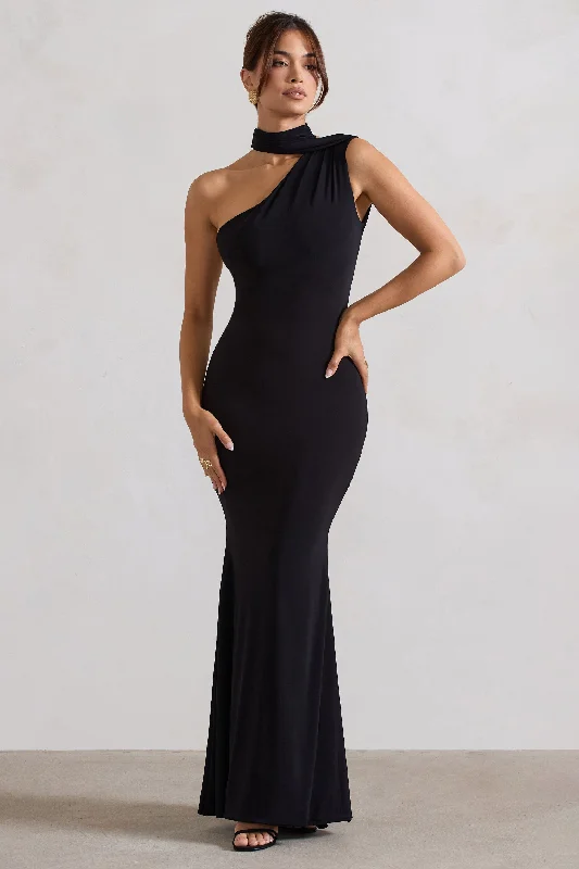 Maxi dresses for a glamorous event in a tropical setting -Capucine | Black One Shoulder Draped Maxi Dress