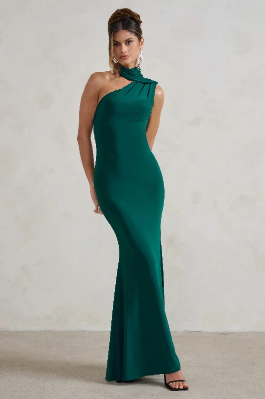 Maxi dresses for an elegant beachside celebration at sunset -Capucine | Bottle Green One Shoulder Draped Maxi Dress