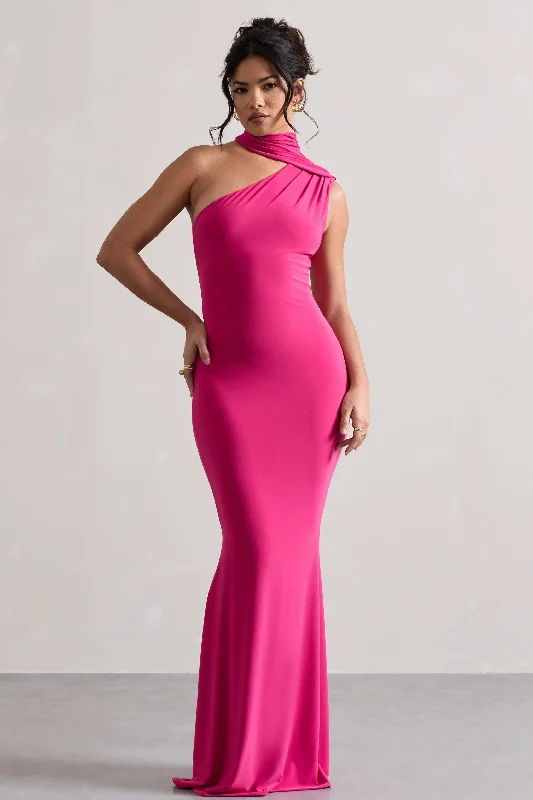 Maxi dresses for a luxury outdoor wedding celebration -Capucine | Pink One Shoulder Draped Maxi Dress