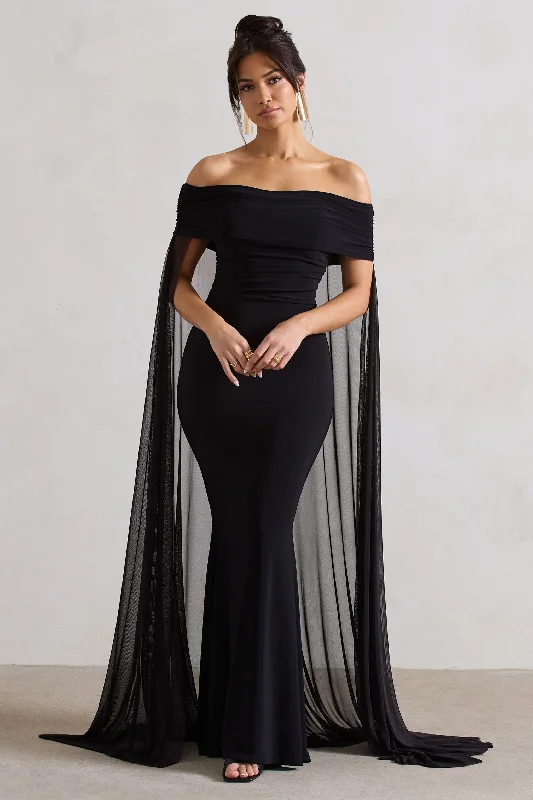 Maxi dresses for an upscale brunch with friends in the countryside -Carlotta | Black Bardot Maxi Dress With Chiffon Cape