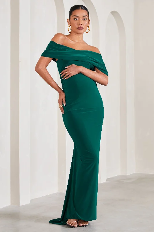 Maxi dresses with a modern wrap-around design for style -Carmen | Bottle Green Bardot Maternity Maxi Dress