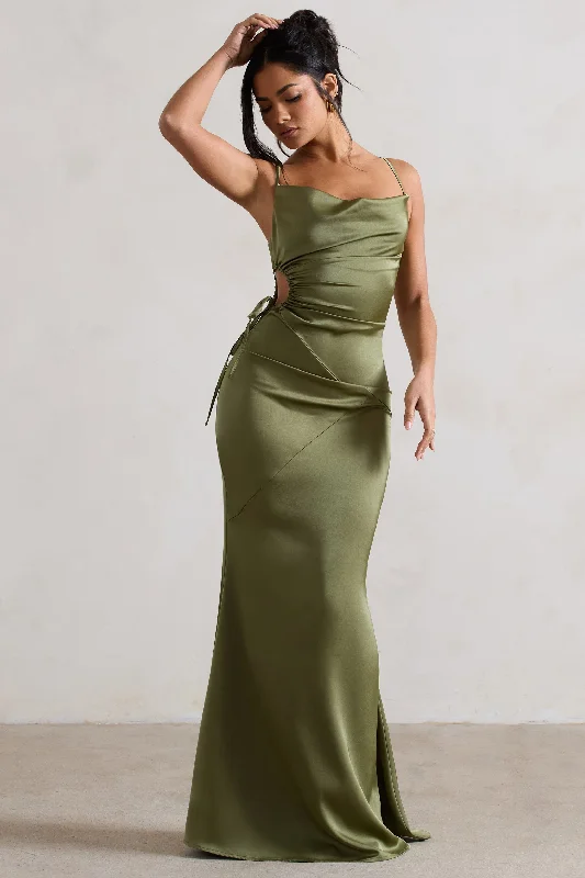 Maxi dresses for a tropical family celebration by the pool -Carter | Olive Green Satin Cowl-Neck Maxi Dress With Cut-Out