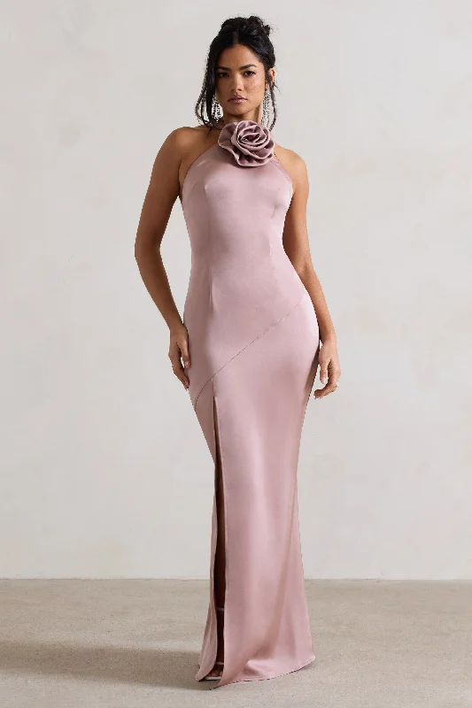 Maxi dresses for formal corporate events and dinners -Cesca | Blush Pink Satin Halter-Neck Maxi Dress With Flower Corsage