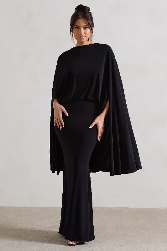 Maxi dresses for a luxury event in a private ballroom -Charmaine | Black High-Neck Maxi Dress With Cape