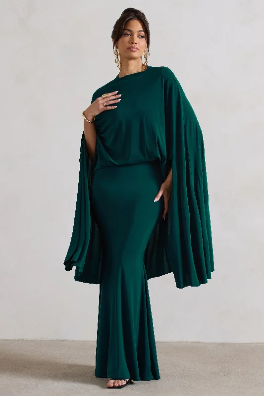 Maxi dresses with a simple yet stylish design for casual outings -Charmaine | Bottle Green High-Neck Maxi Dress With Cape