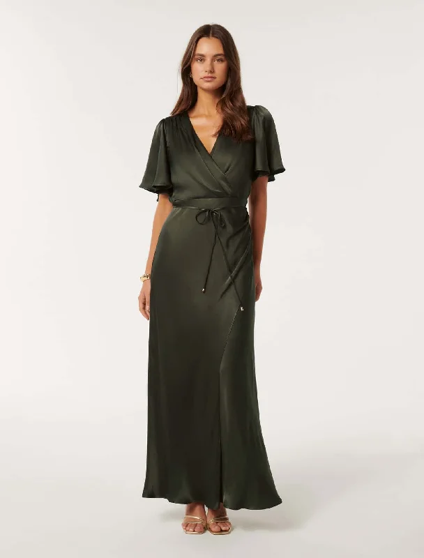 Maxi dresses with chiffon sleeves for a relaxed look -Chelsea Flutter Sleeve Satin Maxi Dress