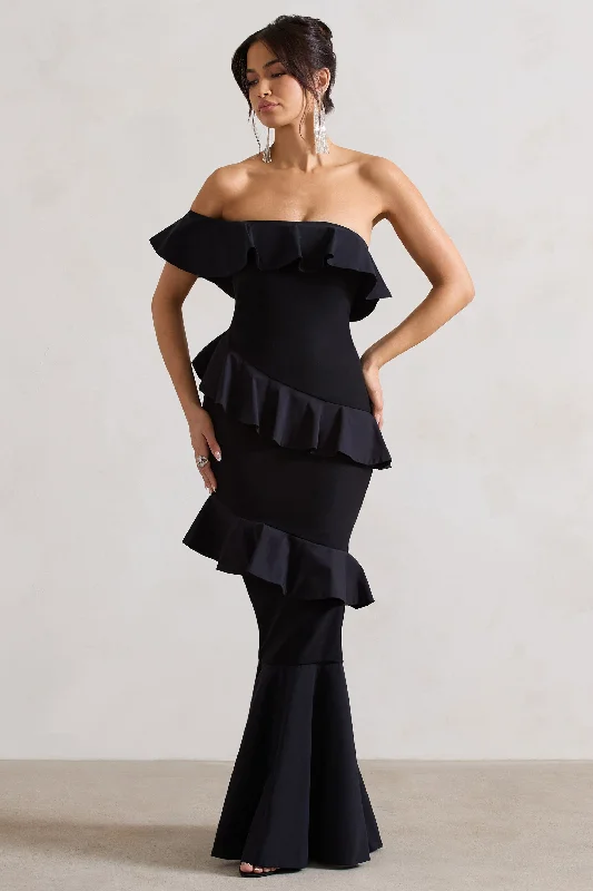 Maxi dresses for a glamorous event in an exclusive ballroom -Cinematic | Black Bardot Ruffled Fishtail Maxi Dress