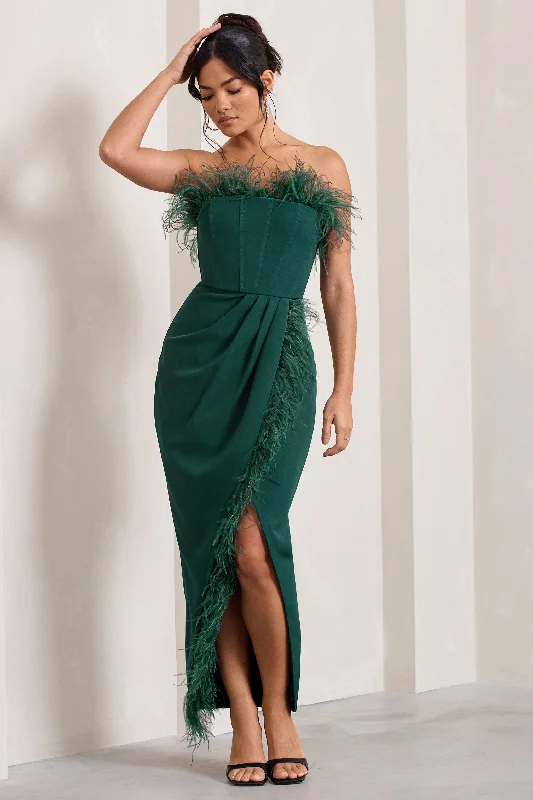 Maxi dresses for an intimate wedding reception in a vineyard -Cosmo | Bottle Green Bandeau Feather Corset Split Maxi Dress