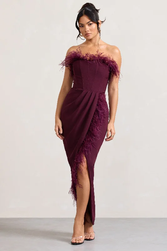 Maxi dresses for a formal celebration by the beach -Cosmo | Burgundy Bandeau Feather Corset Split Maxi Dress