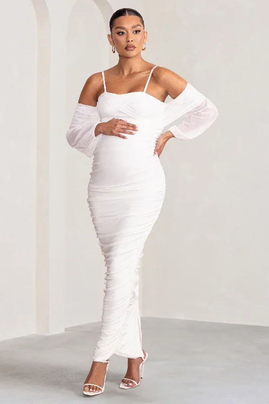 Maxi dresses for a spring wedding reception -Announcement | White Maternity Ruched Mesh Maxi Dress