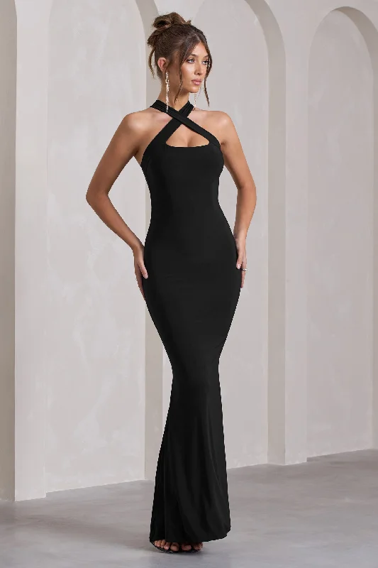 Maxi dresses for a sophisticated formal family dinner -Cross My Heart | Black Sleeveless Cross-Neck Maxi Dress