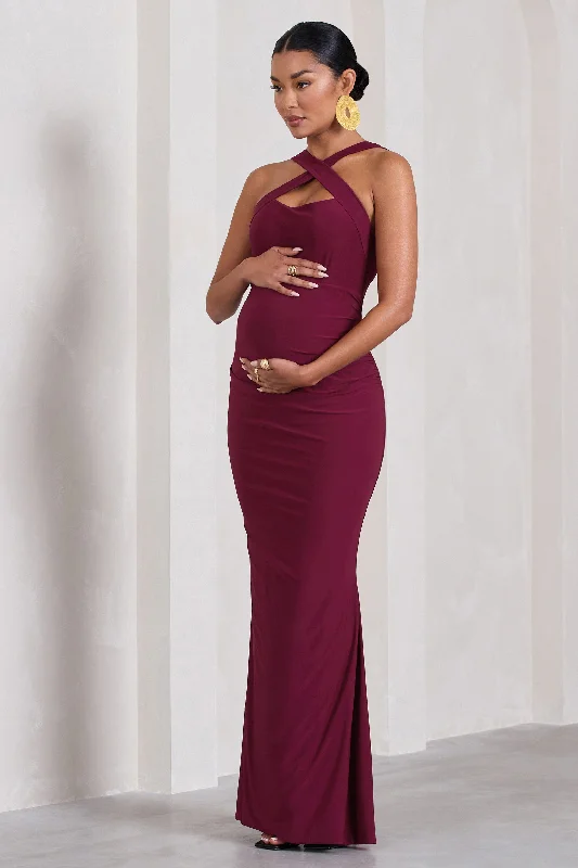 Maxi dresses with sequins for an evening full of glamour -Cross My Heart | Burgundy Sleeveless Cross-Neck Maternity Maxi Dress