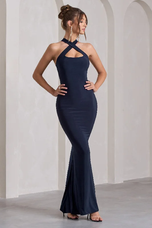 Maxi dresses with ruffle details for added style -Cross My Heart | Navy Sleeveless Cross-Neck Maxi Dress