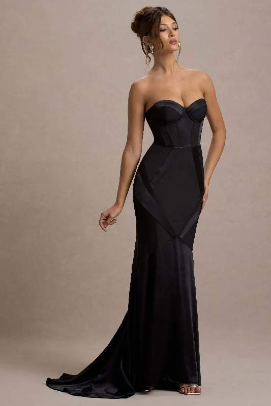 Maxi dresses with an elegant lace overlay for evening events -Custom | Black Satin Sweetheart Corset Fishtail Maxi Dress