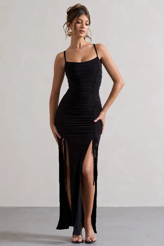 Maxi dresses for a formal gathering at an upscale hotel -Devon | Black Ruched Strappy Maxi Dress With Splits