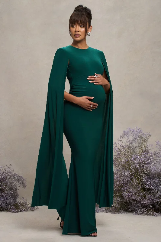 Maxi dresses for a beachside family celebration at sunset -Divine Timing | Bottle Green Maternity Maxi Dress With Cape Sleeves