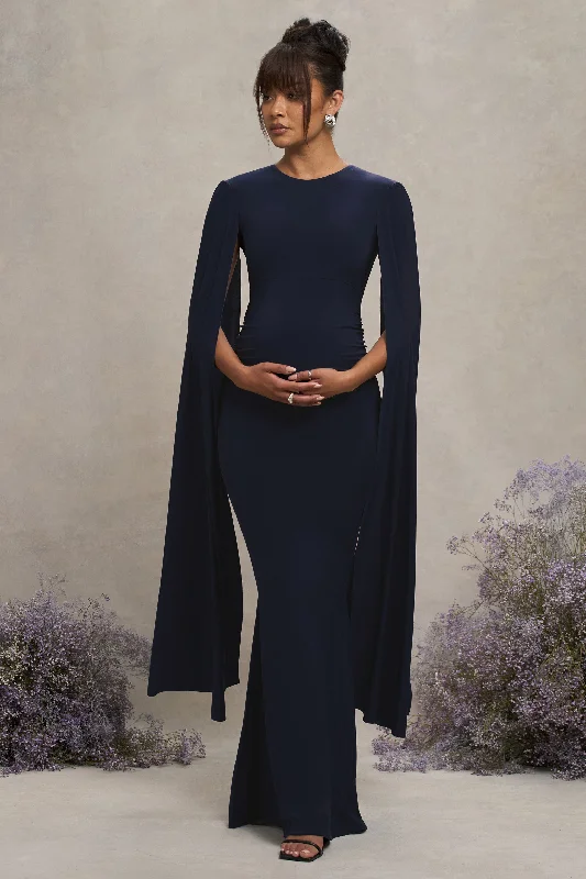 Maxi dresses with a dramatic train for high-end events -Divine Timing | Navy Maternity Maxi Dress With Cape Sleeves