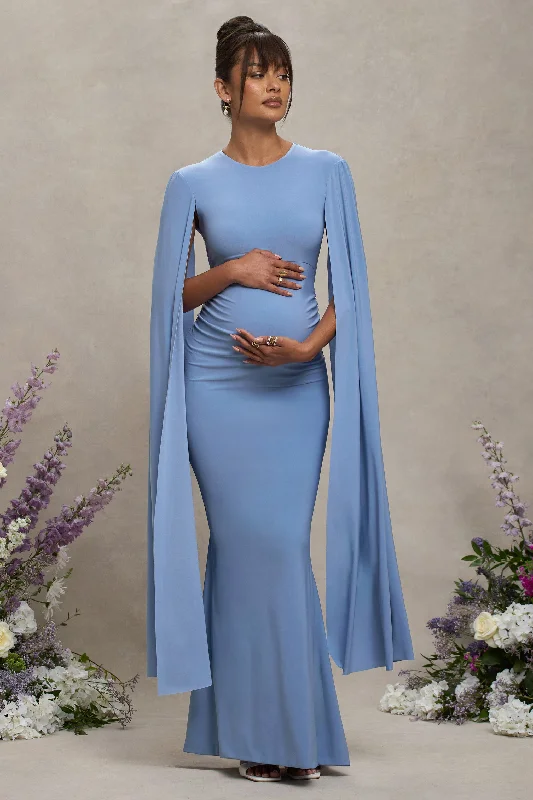 Maxi dresses for a luxurious evening wedding in the city -Divine Timing | Powder Blue Maternity Maxi Dress With Cape Sleeves