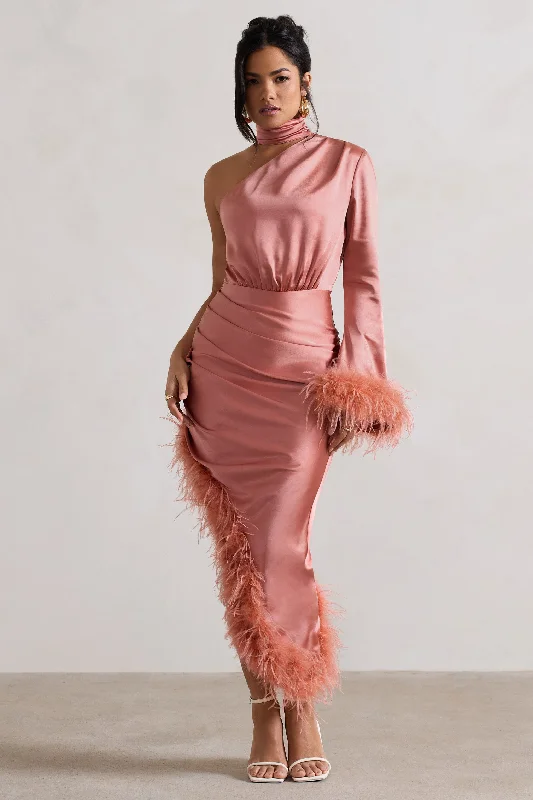 Maxi dresses for a luxury event in a private ballroom -Dolce | Coral Satin Asymmetric One Sleeve Maxi Dress With Feather Trims