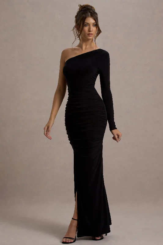 Maxi dresses with a flowing skirt for a relaxed look -Doll | Black Asymmetric One Sleeve Ruched Maxi Dress