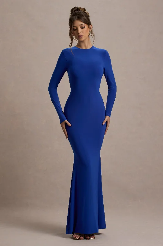 Maxi dresses for an elegant dinner at a high-end restaurant -Donna | Cobalt Blue Long-Sleeved Open-Back Maxi Dress