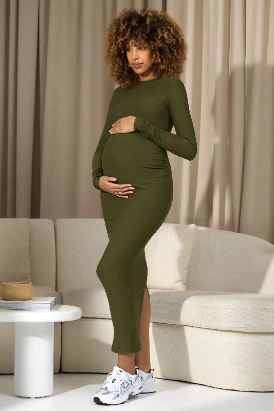 Maxi dresses for a beachside garden party celebration -Maxi dresses for summer beach parties -Dove | Moss Green Bodycon Long-Sleeve Maternity Maxi Dress