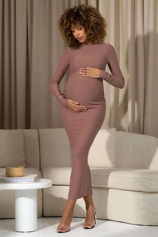 Maxi dresses for a beachside family celebration at sunset -Dove | Warm Taupe Bodycon Long-Sleeve Maternity Maxi Dress