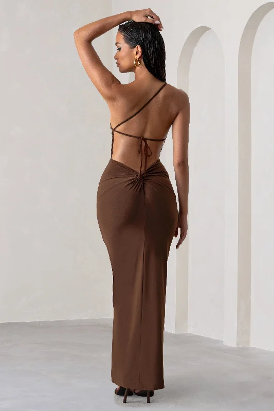 Maxi dresses for a casual outdoor brunch with friends -Dressing Up | Chocolate Brown One Shoulder Maxi Dress With Open Back Detail