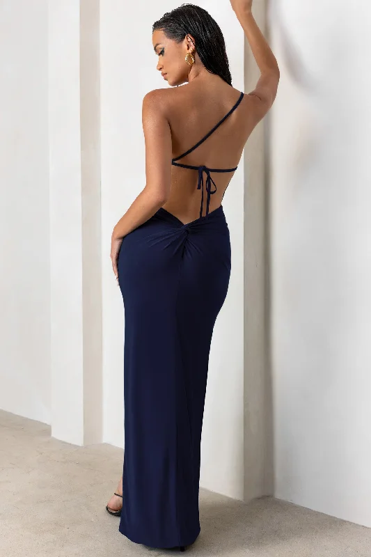 Maxi dresses with a pleated skirt for texture -Dressing Up | Navy One Shoulder Maxi Dress With Open Back Detail