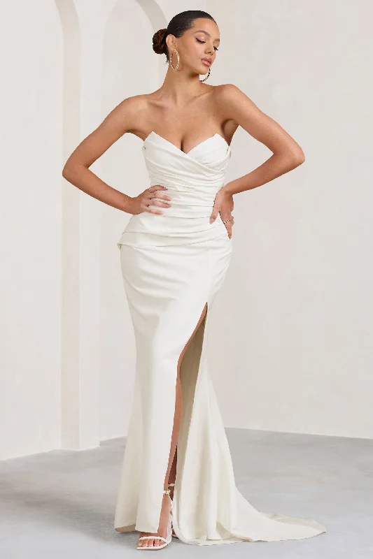 Maxi dresses with a flattering mermaid silhouette for evening wear -Elene | White Pleated Split Fishtail Maxi Dress