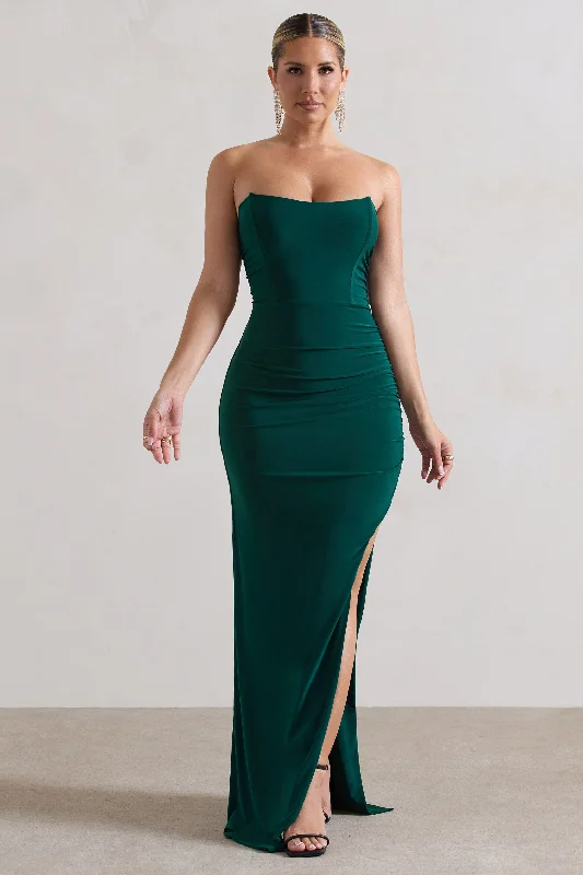 Maxi dresses for casual day trips to the park -Eletta | Bottle Green Ruched Bandeau Asymmetric Maxi Dress