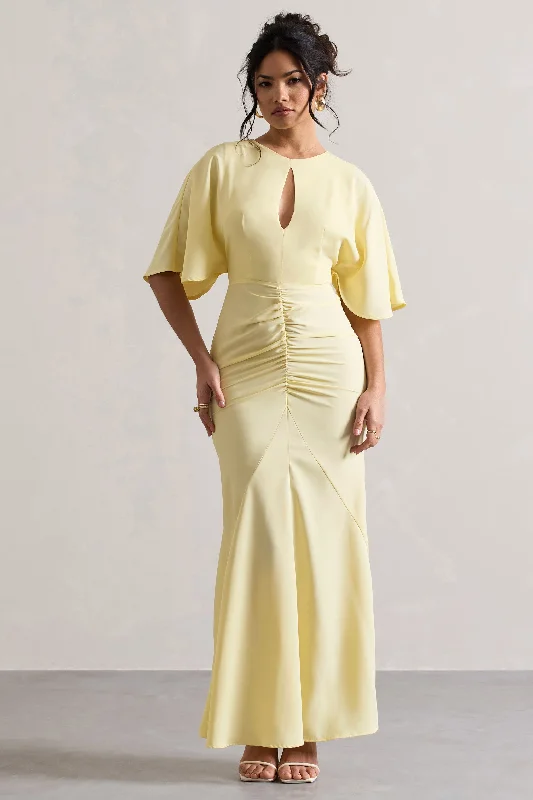 Maxi dresses for a glamorous wedding at a luxury resort -Elidy | Pastel Yellow Ruched Flutter-Sleeve Cut-Out Maxi Dress