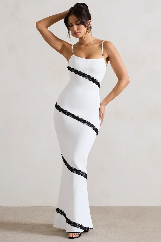 Maxi dresses for an upscale brunch with friends in the countryside -Elizabeth | White & Black Strappy Lace-Trimmed Maxi Dress