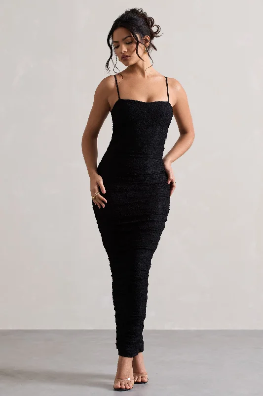 Maxi dresses for a sophisticated celebration at an exclusive venue -Ellis | Black Lace Strappy Bodycon Maxi Dress