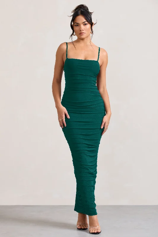 Maxi dresses for a stylish destination wedding at a luxury resort -Ellis | Bottle Green Ruched Mesh Strappy Bodycon Maxi Dress