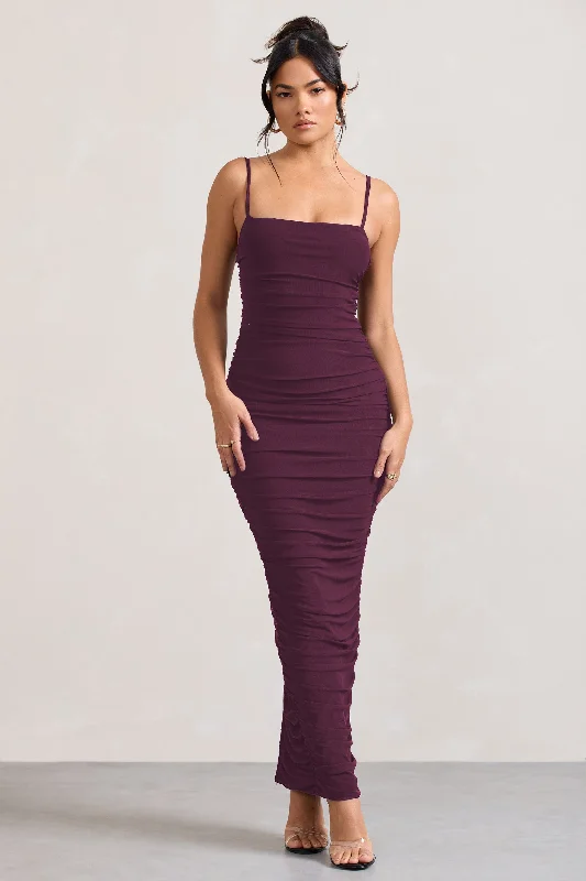 Maxi dresses for an intimate evening family gathering -Ellis | Plum Ruched Mesh Strappy Bodycon Maxi Dress