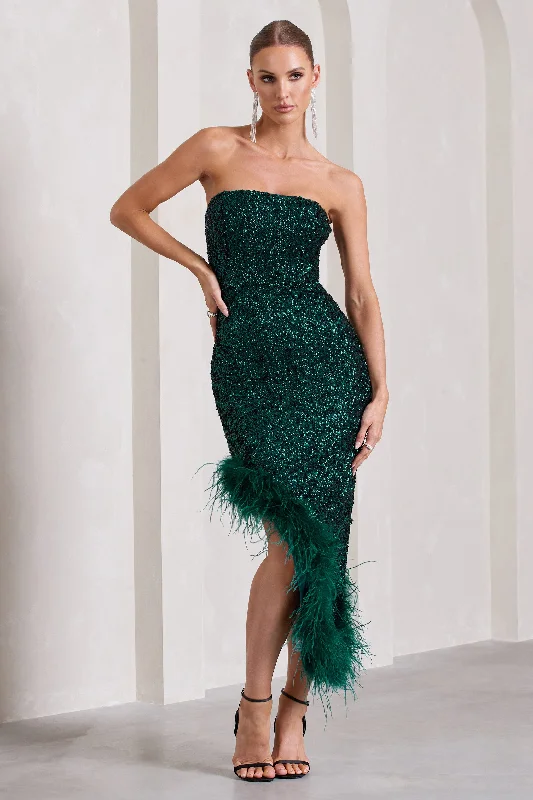 Maxi dresses for a beachside reception at sunset -Emulate | Bottle Green Sequin Asymmetric Bandeau Maxi Dress With Feathers