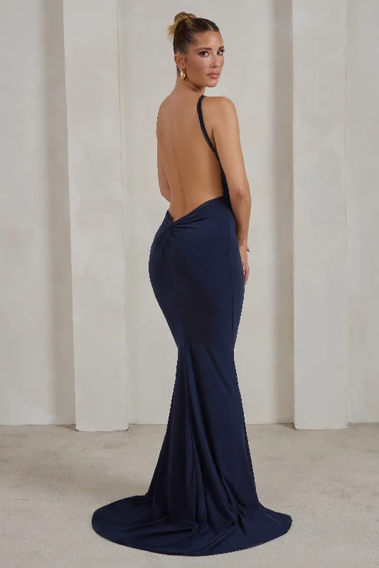 Maxi dresses for an elegant evening gathering in the countryside -Endless Love | Navy Backless Knot Detail Fishtail Maxi Dress