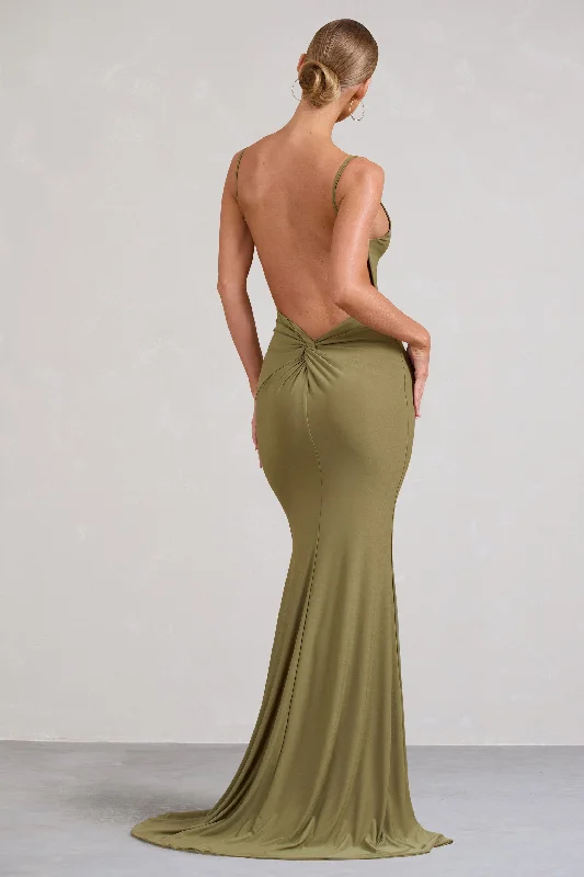 Maxi dresses for a tropical destination wedding on the beach -Endless Love | Olive Backless Knot Detail Fishtail Maxi Dress