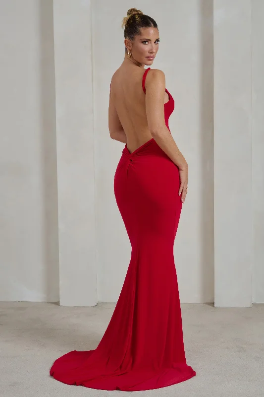 Maxi dresses for a stylish formal dinner event at a restaurant -Endless Love | Red Backless Knot Detail Fishtail Maxi Dress