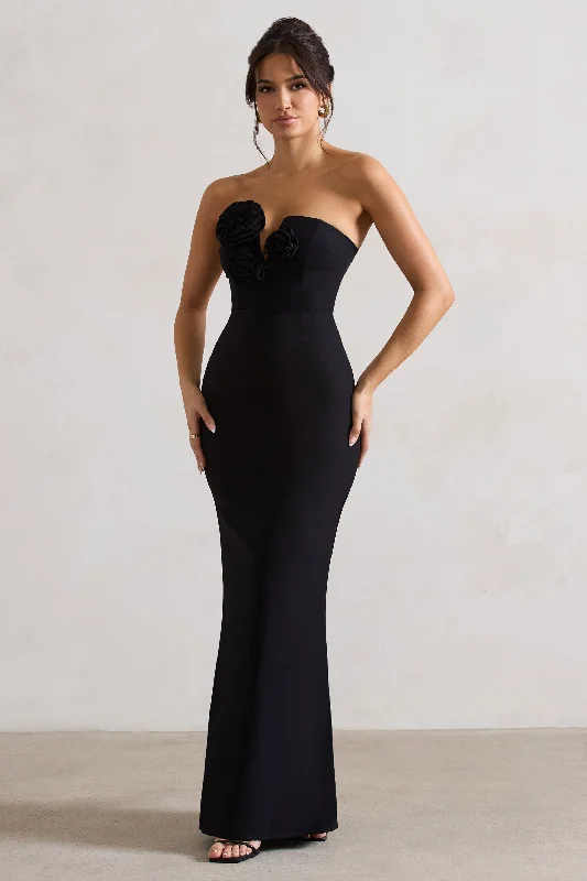 Maxi dresses with an elegant lace overlay for evening events -Enticed | Black Strapless V-Neck Maxi Dress With Flowers